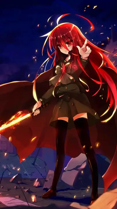 Red-haired girl wielding a fiery sword, standing amidst destruction