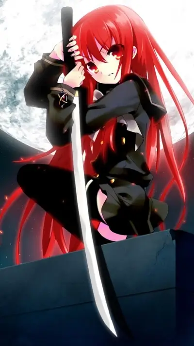 Red-haired girl with katana, moonlit background