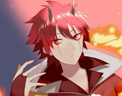 Red haired horned oni character with fire in the background