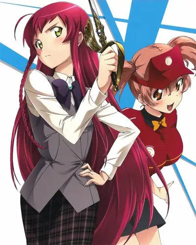 Red-haired warrior girl holding sword beside fast food worker
