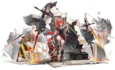 Red-haired woman holding glasses, standing by robots and machinery, sparks flying.