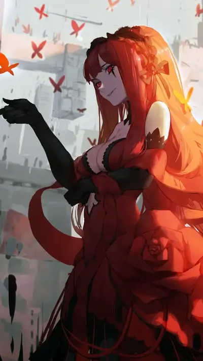 Red-haired woman in red dress standing against a white and gray background