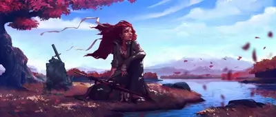 Red-haired woman sitting by lake with sword, memorial stone and red tree nearby
