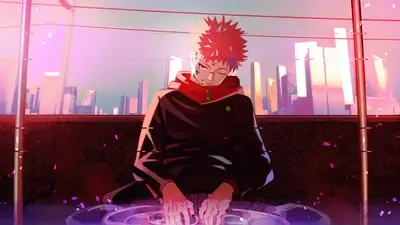 Red-haired young man sitting in a futuristic city