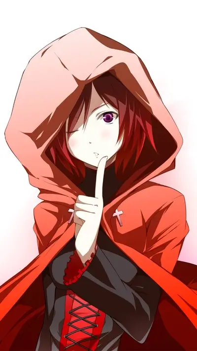 Red-hooded girl with finger on lips