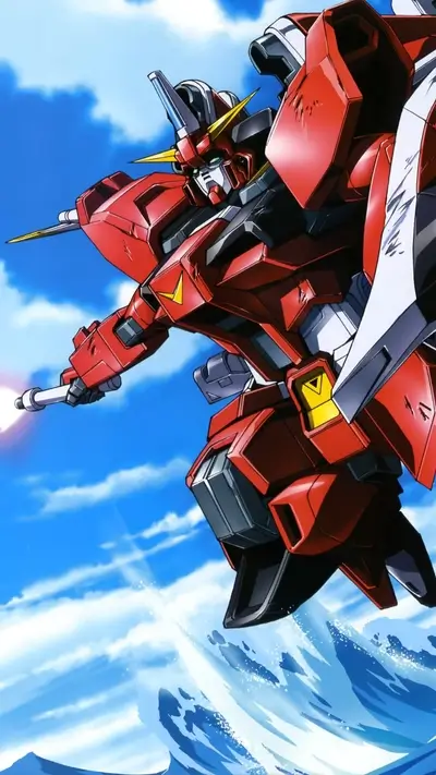 Red mecha robot flying over ocean waves