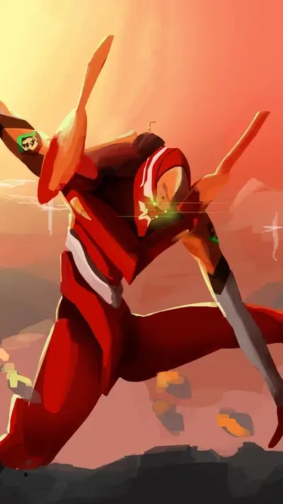 Red robot in fiery sunset, poised for action