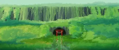 Red torii gate at the entrance of a lush green overgrown tunnel