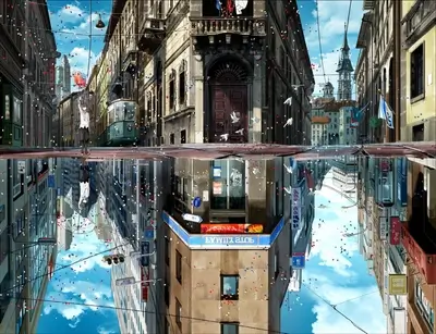 Reflective city street with confetti falling