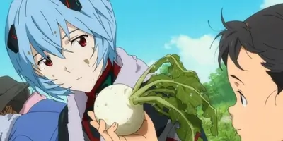 Rei Ayanami holding a fresh turnip under a bright sky