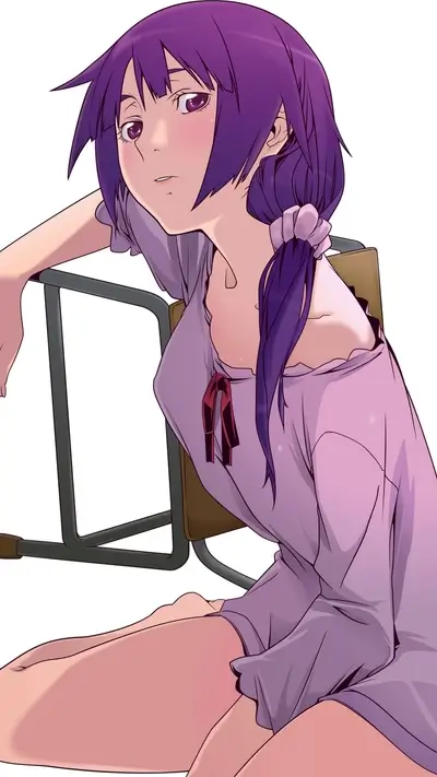 Relaxed girl with purple hair is sitting