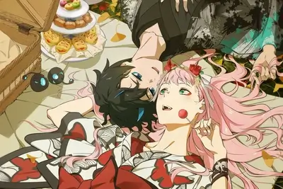 Relaxing time with sweets and pink hair girl.
