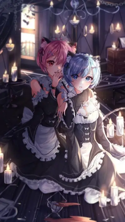 Rem and Ram in gothic maid outfits with cat ears surrounded by candles