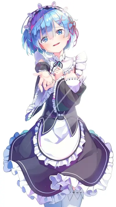 Rem from Re:Zero smiles, reaching out in maid outfit.