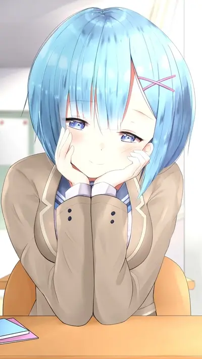 Rem, leaning on her hands, looking at someone.