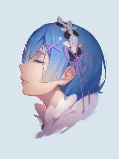 Rem, with closed eyes, blue hair and flower hair ornaments