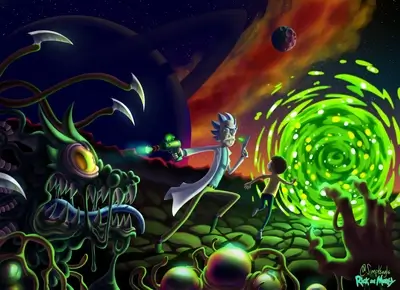 Rick and Morty facing a monster next to a portal, science fiction setting.