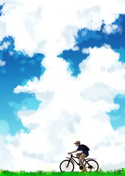 Riding a bicycle beneath towering fluffy clouds and blue sky