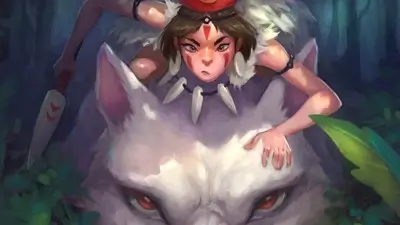 Riding a giant white wolf in a dense forest