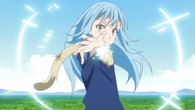 Rimuru tempest reaching forward with glowing magical effect against blue sky
