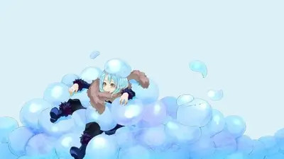 Rimuru Tempest resting on a pile of blue slimes