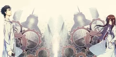 Rintarou Okabe and Kurisu Makise surrounded by giant gears
