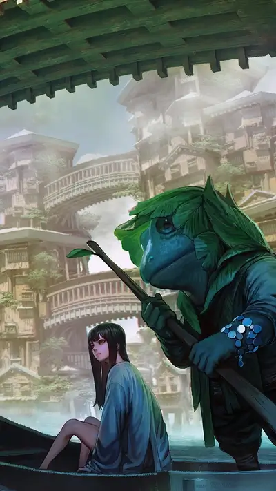 River voyage with frog-like guide amidst whimsical structures, serene yet mysterious