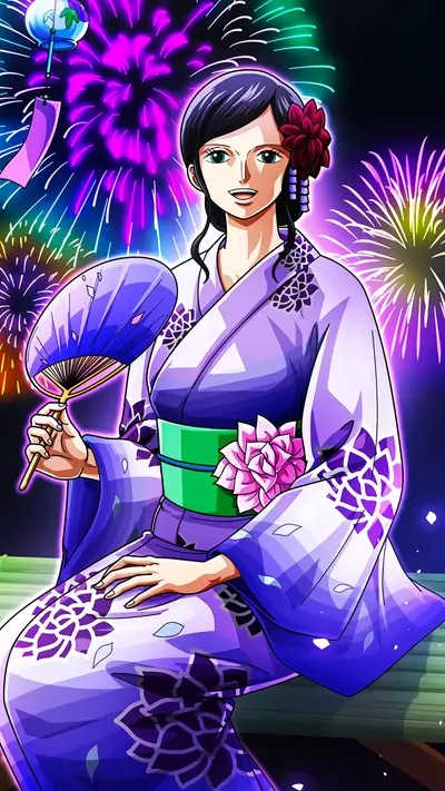 Robin in yukata at festival, fireworks backdrop