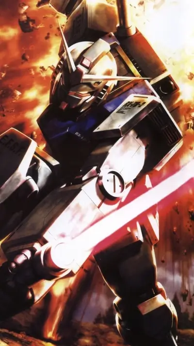 Robot wielding a sword, glowing red light, and explosions