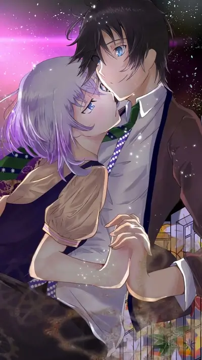Romantic anime couple embrace