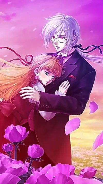 Romantic anime couple embraced in a field of flowers