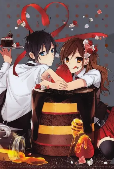 Romantic couple posing with giant chocolate cake and strawberries