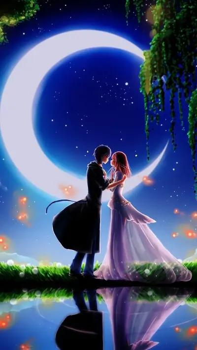 Romantic couple under crescent moon