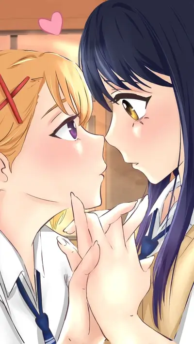 Romantic encounter between two girls with pink heart, fingers intertwined
