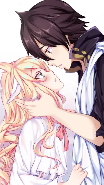 Romantic moment between a blonde girl with animal ears and a dark-haired boy
