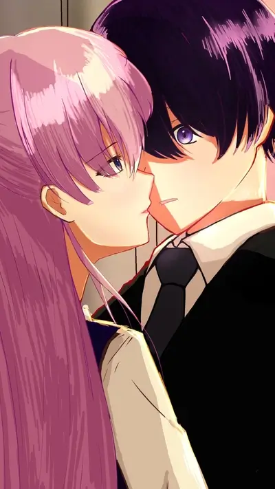 Romantic moment between two characters, a kiss is about to happen
