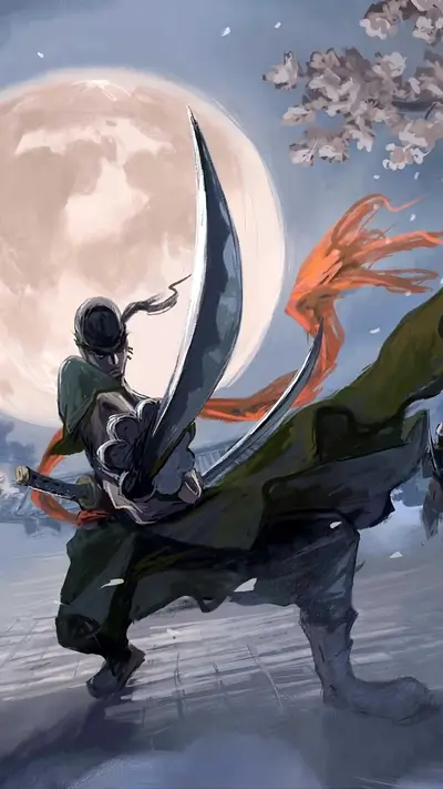Roronoa Zoro wielding three swords under a moonlit sky