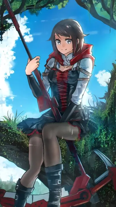 Ruby Rose sitting on a tree branch with her weapon