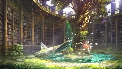 Ruined library overgrown with nature, a piano, and a wrecked plane