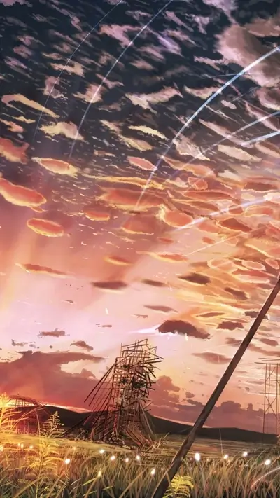 Ruins at sunset, streaks across the sky