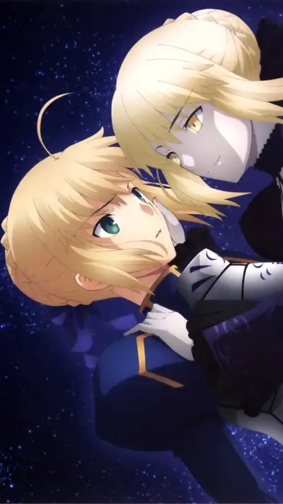Saber and Alter face each other, blonde hair.