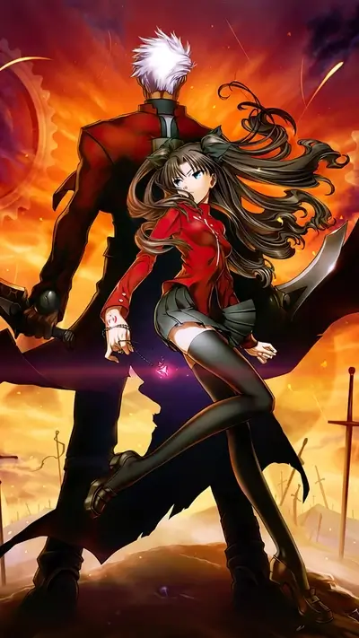 Saber and Archer standing in a fiery battlefield