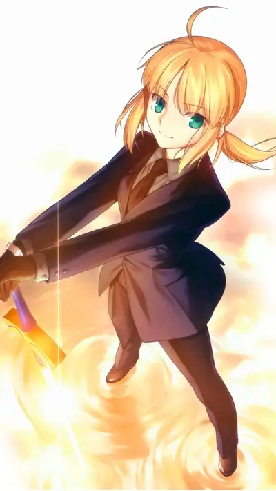Saber in suit, looking sharp and ready for battle
