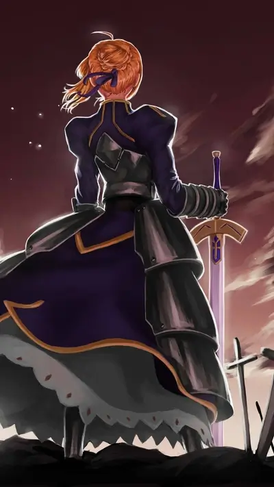 Saber stands on a battlefield