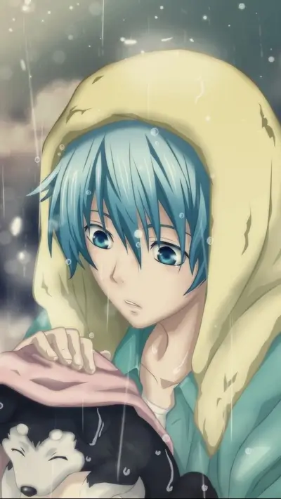 Sad anime boy in a raincoat holding a dog
