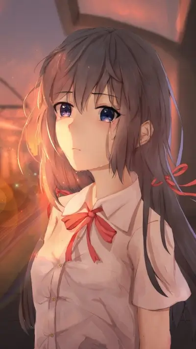 Sad anime girl crying in the sunset