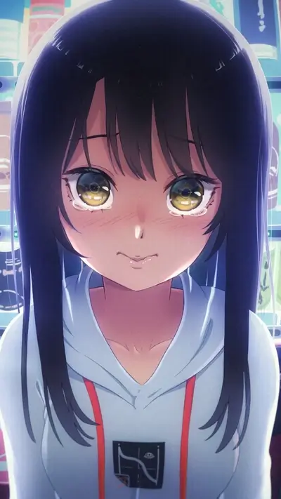 Sad anime girl crying near vending machines