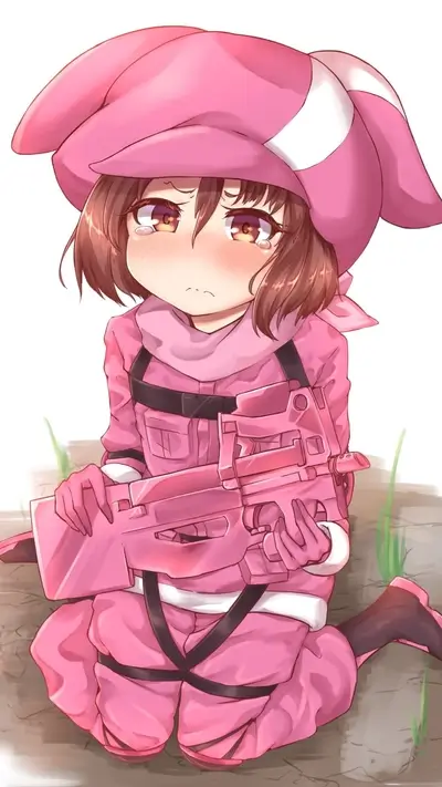 Sad anime girl holding pink gun, tears rolling down her face