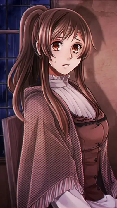 Sad anime girl in a brown cardigan near a window