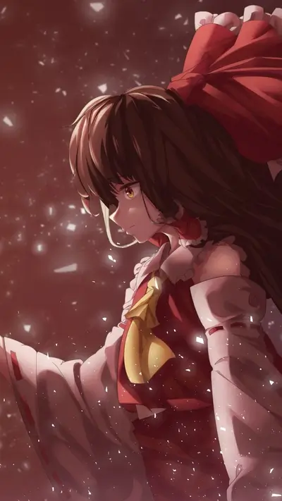 Sad anime girl in red kimono, snow falling
